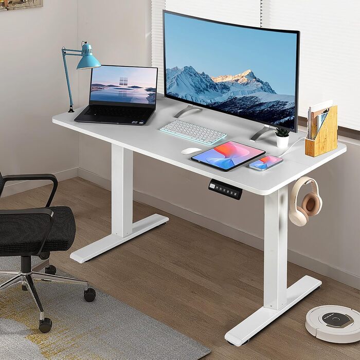 Електричний регульований стіл Pachira 120x60 см з пам'яттю та LED-дисплеєм, з гачками та кабелеуправлінням, ергономічний для дому/офісу, білий