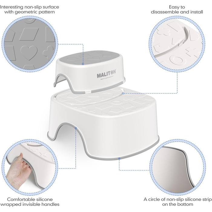 Дитяче сидіння на унітаз Maliton з двоступеневою підніжкою для дітей 1-8 років, біло-сіре або біле