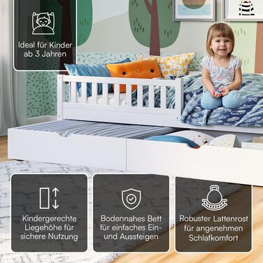 Ліжко дитяче Bellabino Vils 90x200 см з ящиком, захистом від падіння та ламелями – ліжко Монтессорі для дітей з масиву сосни, біле. Підходить для хлопчиків та дівчаток, з місцем для зберігання.
