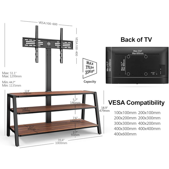 Тумба під телевізор FITUEYES з кронштейном, регулюється по висоті для телевізорів 37-70 дюймів, макс. 35 кг, VESA 600x400, коричневий