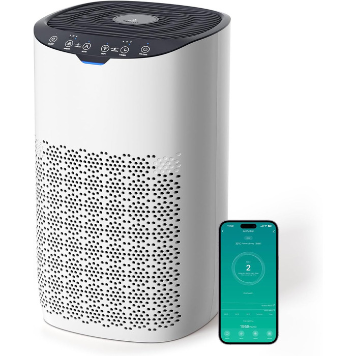 Повітряочищувач AROEVE з фільтром HEPA H13, 3-ступенева фільтрація, для спальні, 5W, 22dB, з аромадіфузором, видаляє пил, алергени, шерсть тварин, білий