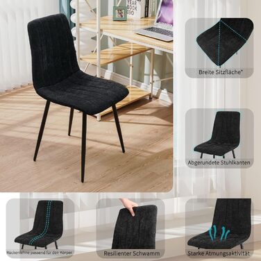 Набір стільців для їдальні, м'які стільці з льоновим покриттям та чорними металевими ніжками, смугастий дизайн, підходять для їдальні, вітальні, спальні, кухні, рецепції (2 шт., смугасті, чорні)