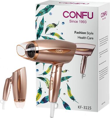 Фен CONFU Ion 1600 Вт, складний, 3 температури, 3 швидкості, насадка для укладання, фен (рожеве золото)