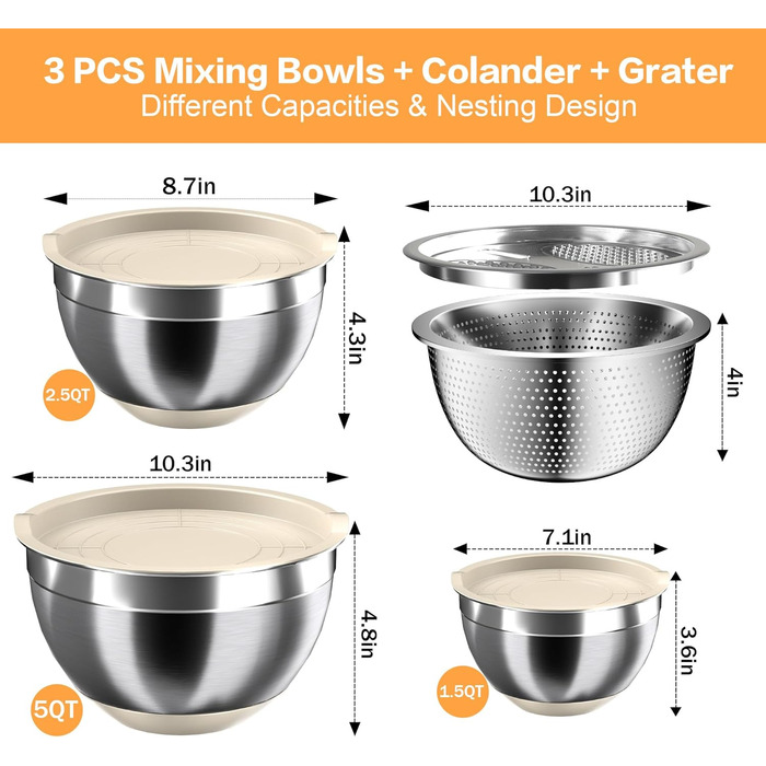 Набір міксерів з кришками, нержавіюча сталь, 3 шт., сито та тертка, антиковзаюча основа, об'єм 1.5, 2.5, 5 л, для змішування та подачі, кольор хакі