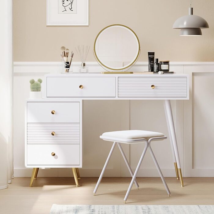 Туалетний столик Merax з дзеркалом та LED-підсвіткою, з бічною шафкою, 6 висувними ящиками та золотими ручками, білий, 102x100x41.5 см (без табурета)