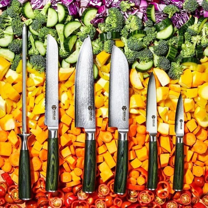 Набір ножів HexClad Essential, 6 предметів: японські леза з дамаської сталі, full tang, ручки з паккавуда