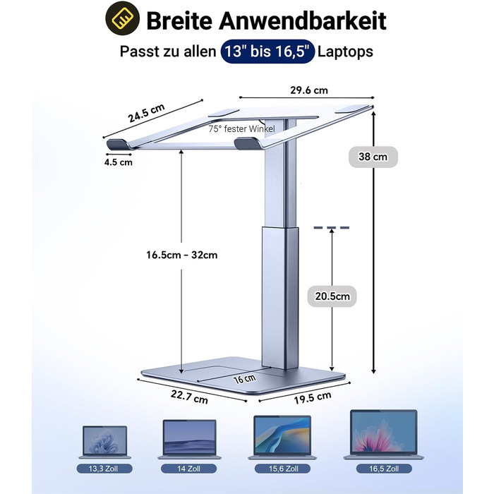 Регульований підставка для ноутбука, стійка для ноутбука на стіл, можливість стоячи, підставка для DJ ноутбука, компактна альтернатива столу, сумісна з MacBook та ноутбуками 13' - 16.5', чорний (сріблястий)