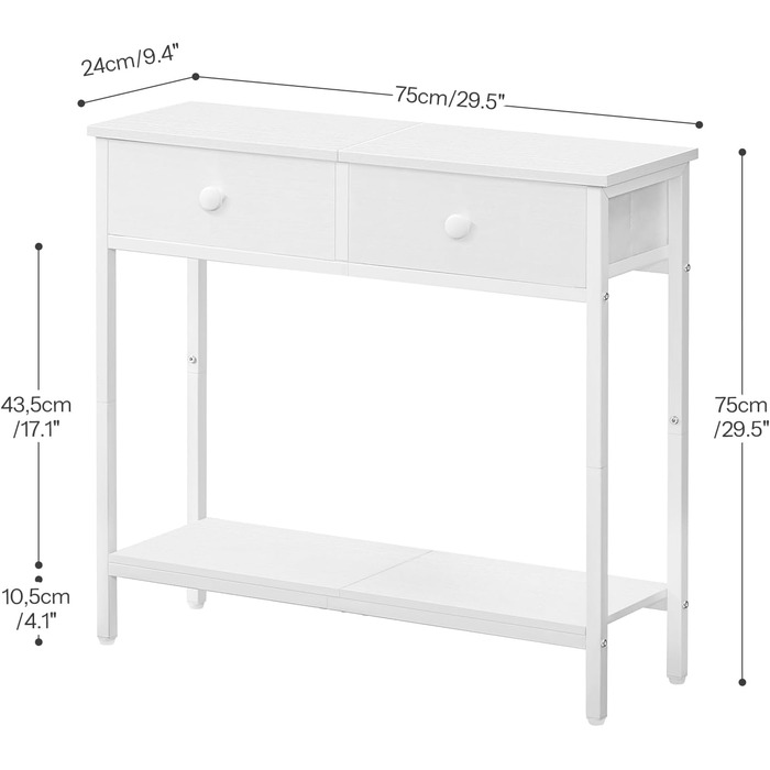 HOOBRO Консольний столик, вузький бічний столик з 2 висувними ящиками з тканини, 75 см, столик для передпокою, журнальний столик для дивану в індустріальному стилі, для передпокою, вітальні, коридору, білий EWW71XG01