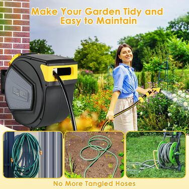 Шланговий барабан з шлангом для саду з автоматичним змотуванням, поворотний на 180°, настінна шланговий бокс з ручною лійкою (9 функцій), для поливу та миття авто (чорно-жовтий, 30м)
