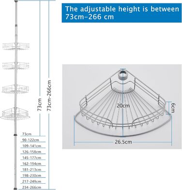 Телескопічна душова полиця DAMAI без свердління Душова полиця з нержавіючої сталі Кутова полиця з нержавіючої сталі Полиця для ванної кімнати Полиця для ванної кімнати з 4 кошиками для ванни та ванної кімнати Нержавіюча 73-266 см Сіра