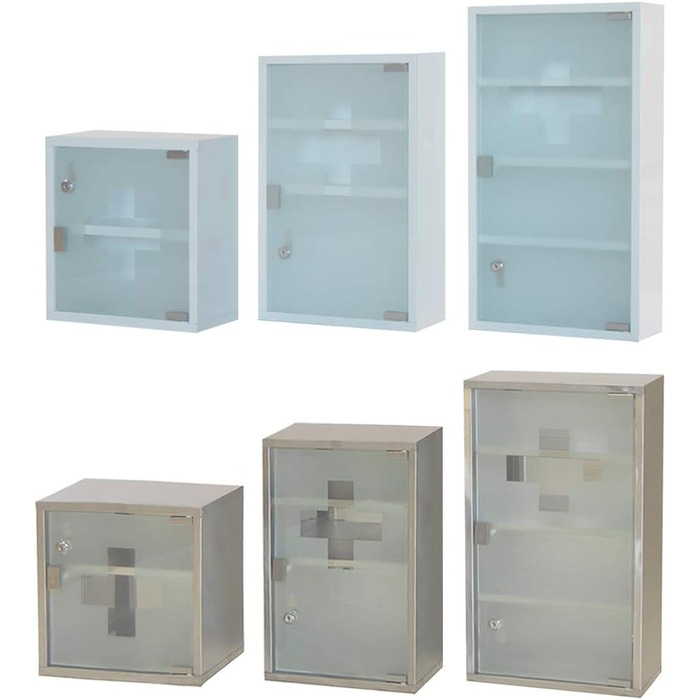 Шкафчик для ліків Style Home з замком, 60x30x12 см, 4 відділення, металевий, з дверцятами зі скла, включаючи 2 ключі (білий)