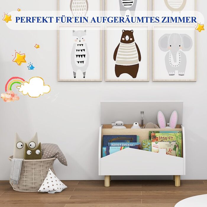 Дитяче книжкове та іграшкове шафка SOARS 2 в 1, білий, 60 x 30 x 44 см. Масивні дерев'яні ніжки, органайзер для іграшок з кришкою та відкритими полицями. Шафа для дитячої кімнати.