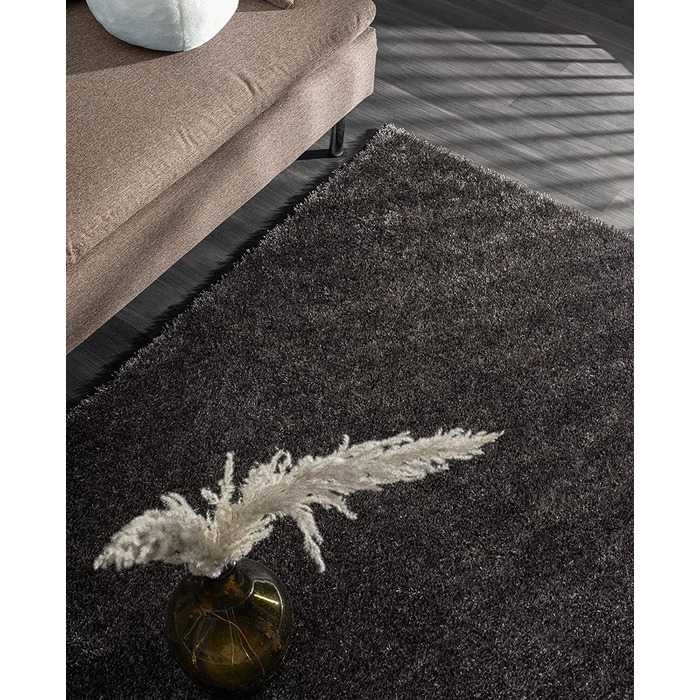Килим Relax Glamour М'який Сучасний килим з високим ворсом, довгий ворс, килим для вітальні, гелева підкладка, що миється, ворс висотою 30 мм, однотонний, однотонний, Бежевий, (круглий 120 х 120 см, антрацит (гламур))