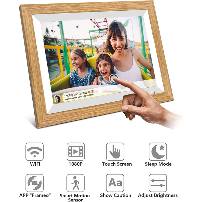 Цифровий фоторамка Cytem 10.1 дюйма з Wi-Fi, 32GB, сенсор руху, IPS 16:10, сенсорне управління, коричневе дерево, FrameO Software