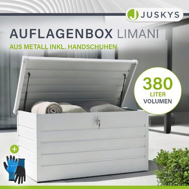 Ящик для зберігання вуличний Juskys Metall Limani 380л - водонепроникний, з замком - для саду, подушок, меблів (білий)