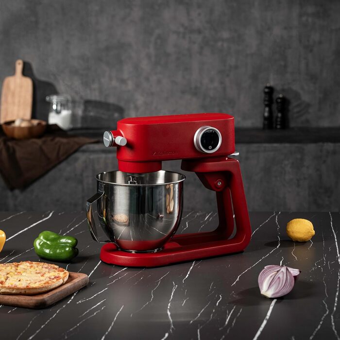 Кухонна машина 5л для тіста: планетарний міксер для хліба, піци з таймером, 8 режимів, чаша з нержавіючої сталі, гачки, вінчики та гнучкий міксер (червоний)