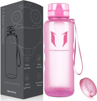 Пляшка для пиття Super Sparrow-пляшка для води об'ємом 1,5 л, герметична-спортивна пляшка без бісфенолу А / Школа, спорт, вода, велосипед (1-прозора рожева)