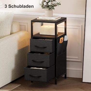 Нічний столик з підзарядкою та LED, приліжний столик з 3 висувними ящиками з тканини, нічний столик з полицею, відкрите відділення, 2 розетки AC, USB та Typ C порти, для спальні, вітальні, офісу (25x30x60 см, Чорний, 2)