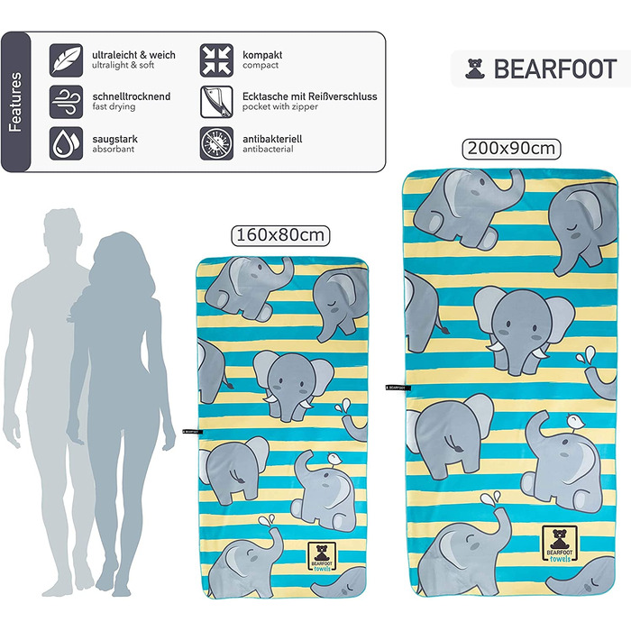 Пляжний рушник з мікрофібри BEARFOOT XXL з кишенею Швидковисихаючі рушники - Рушник з мікрофібри великого розміру-надлегке / аксесуари для відпочинку і пляжу або в якості рушники для сауни (200x90 см, слони / слони)