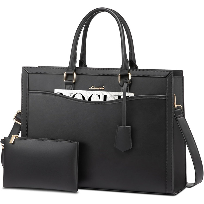 LOVEVOOK Сумка для ноутбука 15.6 дюймів, жіноча, велика, з PU-шкіри, для роботи, навчання, універсальна, чорна