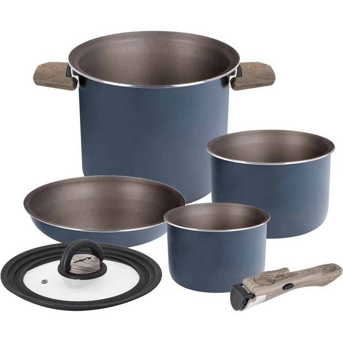 Набір посуду для кемпінгу BRUNNER Camping HOHES: каструлі та сковорідки з алюмінію (Ø 18, 20, 22 см), TORRALTA Vakublock, 2-4 особи, з покриттям, легкий, високоякісний, стікельний. 5+1-тильний набір