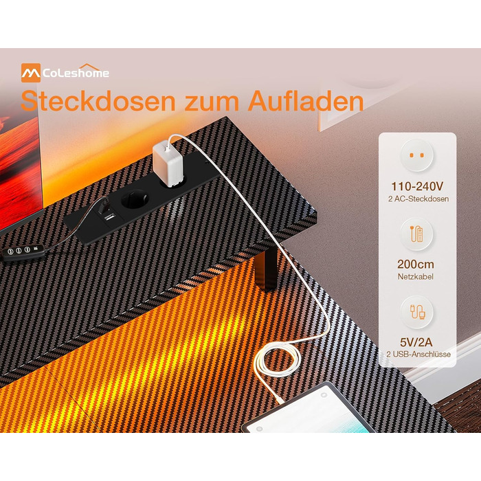 Ігровий стіл Coleshome з LED-підсвічуванням, 120x50 см, з USB та розетками, з підставкою для монітора та місцем для зберігання