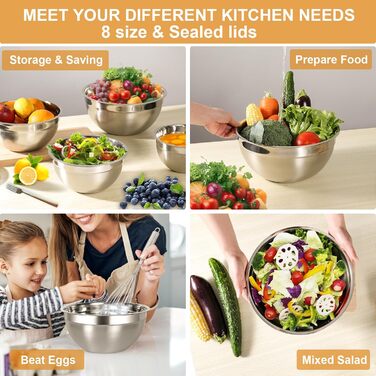Набір мисок Cinnani з нержавіючої сталі, 8 шт. з кришками: для салатів, приготування їжі, міксеру. Багатофункціональні, стекувальні миски.