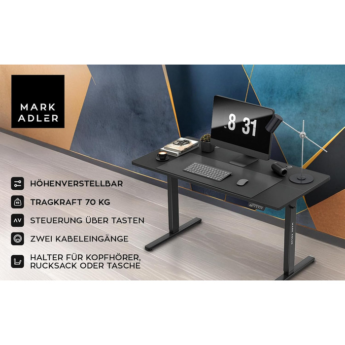 Стіл письмовий регульований по висоті MARK ADLER Leader 7.4 White, 140x70 см, білий, з пам'яттю, сенсорним керуванням, кабелепроводом, тримачем для навушників та напоїв