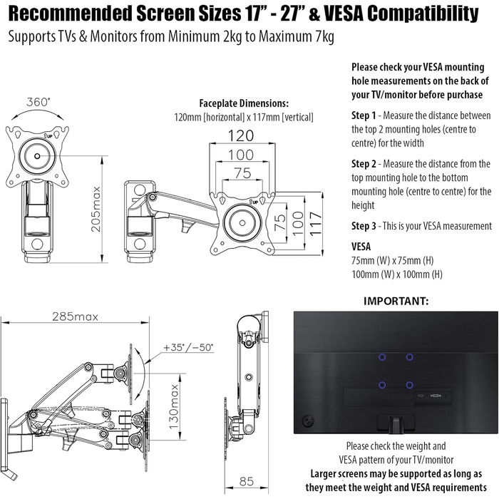 Кріплення для монітора Invision 17-27' з газовою пружиною, VESA 75x75/100x100, регулювання висоти, нахил, поворот, 2-7 кг [FX100]
