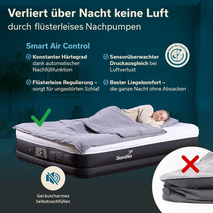 Надувна повітряна матрац Skandika Sveja Flex | Самостійно надувний матрац для кемпінгу, 204x151x43 см, 300 кг, з насосом, у комплекті сумка