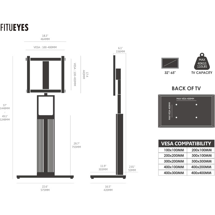 Підставка для телевізора FITUEYES Zen Серія Morandi Gray, дерев'яна, поворотна, регульована по висоті, для телевізорів 32-65 дюймів