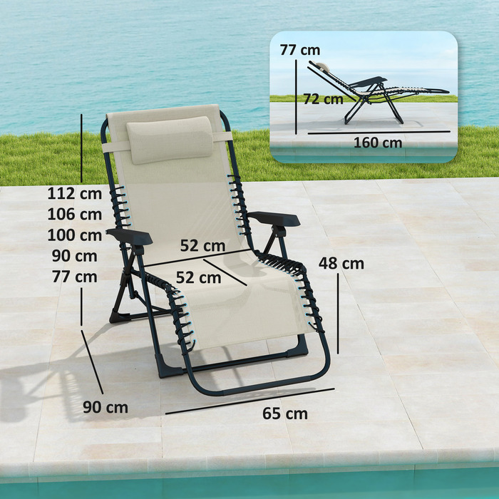 Розкладне крісло для відпочинку на сонце, садове крісло з подушкою для голови, спинка регулюється в 5 положеннях, витримує до 120 кг, бежеве