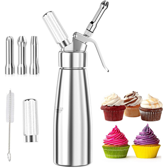 Професійний дозатор для вершків з нержавіючої сталі, 500 мл, з 3 насадками та щіткою для чищення