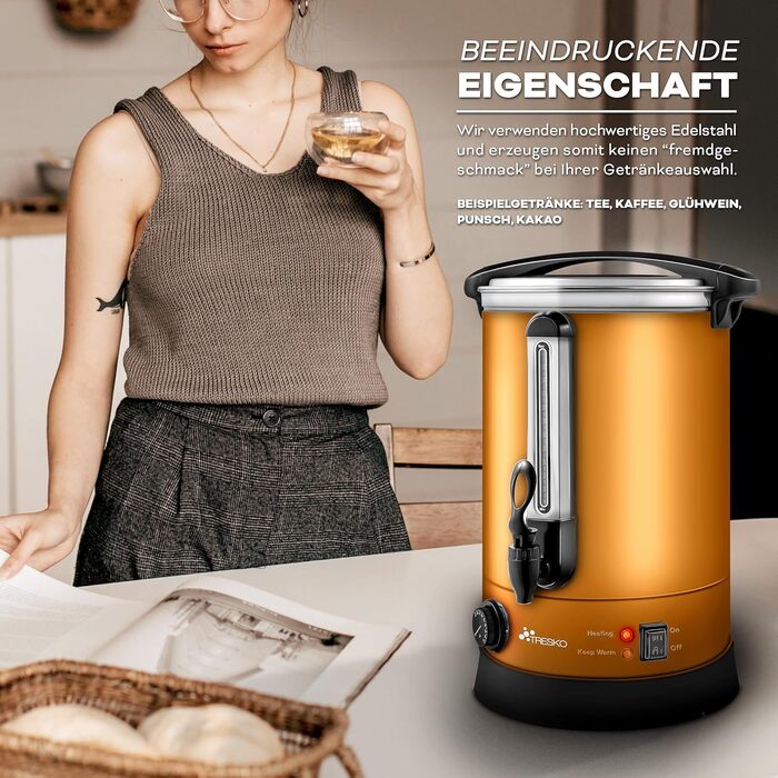ТресКо® Електричний казанок для глінтвейну 6,8 л з нержавіючої сталі, 1500 Вт, автоматичний, для гарячих напоїв, з мідною вставкою