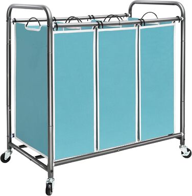 Сортувальник для білизни STORAGE MANIAC з 3 відділеннями, 136 л, з міцними колесами та знімними кишенями, кошик-органайзер для одягу, блакитний