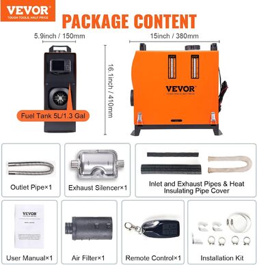 VEVOR дизельна повітряна опалювальна система 12V 5-8kW з LCD-дисплеєм, пультом дистанційного керування та Bluetooth-APP, 0.16–0.52 л/год