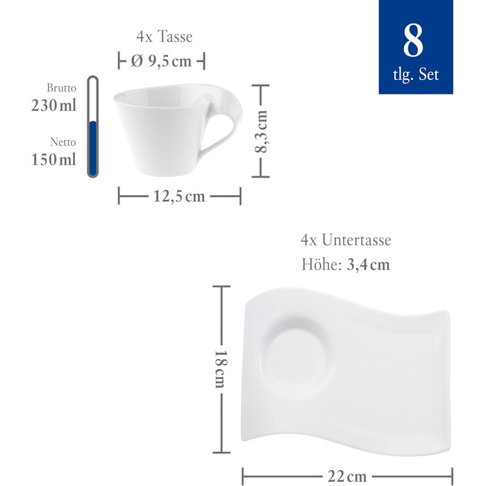 Набір кавовий Villeroy & Boch NewWave Premium Cappuccino 8 предметів на 4 персони, білий, для кавоварки, миюча посудомийна машина, дизайн хвиля, 4 шт.