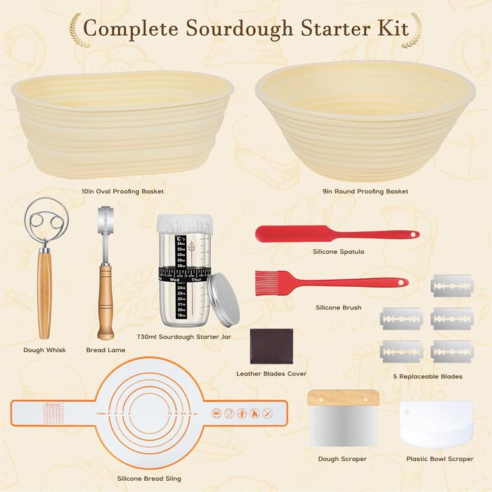 Набір для закваски з 19 частин: 2 гнізда для бродіння з силікону (23см та 25см), скляна тара для закваски, аксесуари для випічки, подарунок для початківців та професіоналів