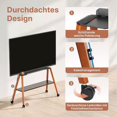 Підставка для телевізора ECOTINY на колесах для 49-75 дюймів, до 40 кг, Easel Design, металева конструкція з дерев'яною полицею, білий (чорний)