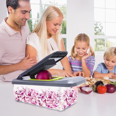 Професійний овочевий слайсер Mandoine з 6 лезами та контейнером 3.3 л. Зручний захист рук, універсальний набір для нарізки овочів, жульєну, цибулі. Чорний та зелений (L, зелений та сірий)