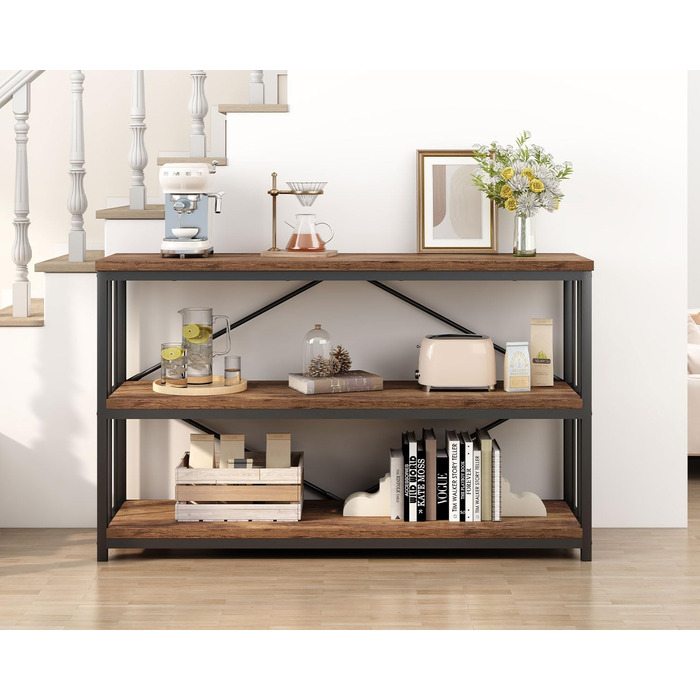 Низька полиця для книг IBF з 3 ярусами, індустріальний стиль, метал та дерево, 120x34x74 см, коричневий