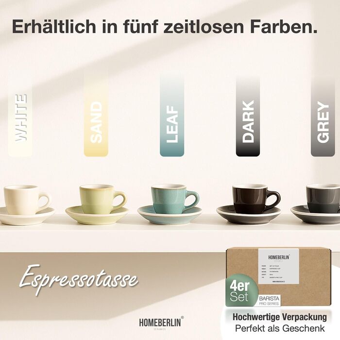 Набір еспресо-чашок Homeberlin Barista Pro - 4 шт. по 80 мл - Преміум якість, ручна робота, сірий глазурований стеглинний фарфор з підставками