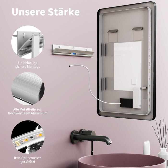 Дзеркало для ванної кімнати HOKO LED Texas 60x80 см / 80x60 см з підсвіткою, підігрівом проти запотівання та чорним металевим каркасом. Можливість встановлення HOCH+QUER. Сенсорне керування, зміна кольору світла 2700-6500K (тепле біле - холодне біле - ней