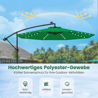 Садова парасолька COSTWAY 300 см з підставкою та LED-підсвіткою, підвісна парасолька-амбрела з ручкою, захист від UV, для тераси, басейну та двору, бежевий/зелений