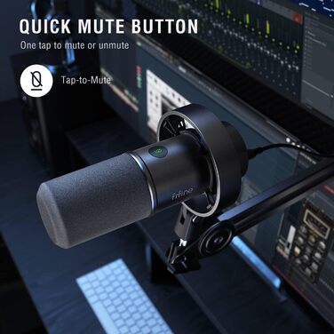 FIFINE K688 - Студійний мікрофон XLR/USB для запису, подкастів, вокалу та стрімінгу. Чорний мікрофон з навушником 3.5 мм, кнопкою мовлення та металевим корпусом