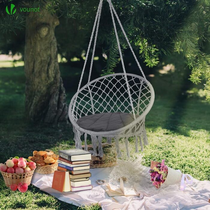 Підвісне крісло-гойдалка VOUNOT з полицею для книг та подушкою, для дому та саду, діаметр сидіння 80 см, X-Large, сірий колір