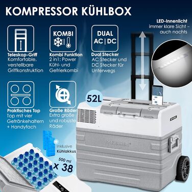 KESSER® Холодильник-морозильник компресорний 52 л з APP-керуванням, USB, 12/24/230V, телескопічна стійка, 2 колеса, охолодження до -20°C для авто, вантажівки, човна