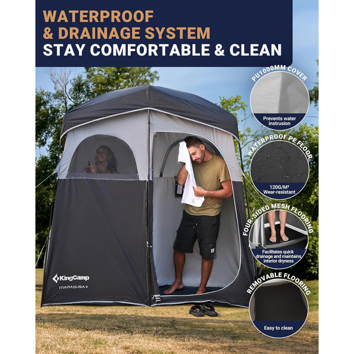 Намет для душу KingCamp великого розміру для кемпінгу, роздягальня, портативний укриття, душ, приватність, одно-/двомісний, 200 x 105 x 203 см, чорний/сірий