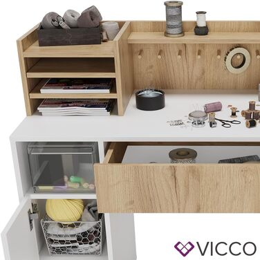 Стіл для рукоділля Vicco - письмовий стіл, 126,8 x 50 см XL з полицями (Білий/Сонома, 126,8x100x50 см)