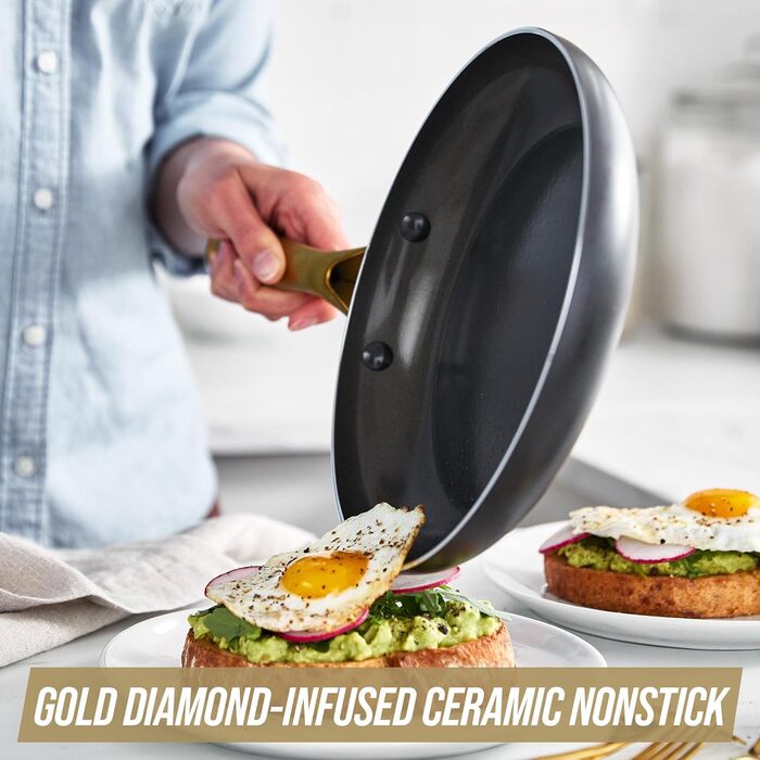 Сковорода Blue Diamond Gold, керамічна, з антипригарним покриттям, без PFOA, підходить для індукційних печей, можна мити в посудомийній машині, ручка золотистого кольору, 20,3 см, чорна